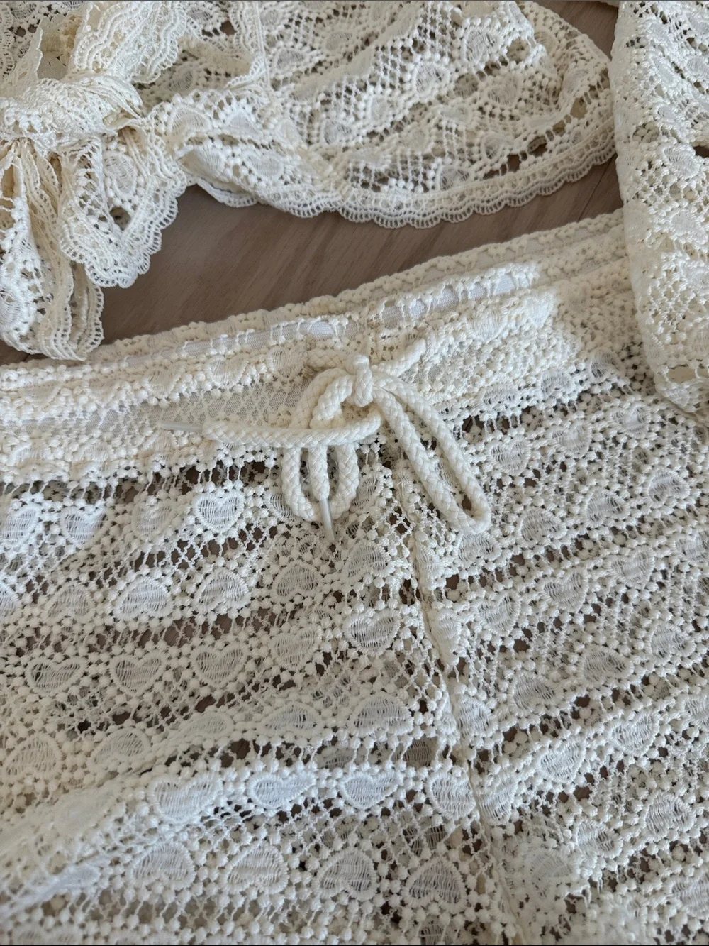 Beach Riot Cream Crochet Tie-Front Top & Drawstring Shorts Set - Picture 3 of 4